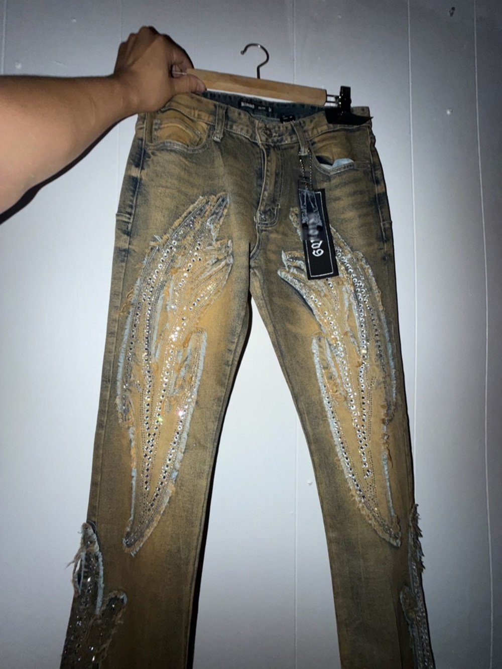 Men's Distressed Brown Slim Jeans with Embellished Detailing - Picture 3 of 6